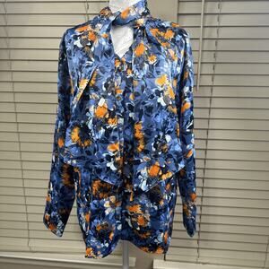 Denim & Co. Women's Large Adaptive Floral Printed Blouse Neck Tie Magnet Buttons